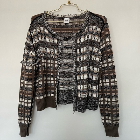 CAbi Jackets & Blazers - Cabi Classic Fringe 100% Cotton Open Cardigan Sweater Brown Plaid